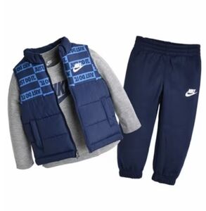Nike Little Boys 3 Piece Puffer Vest Logo T Shirt and Pants Set Navy 2T NEW